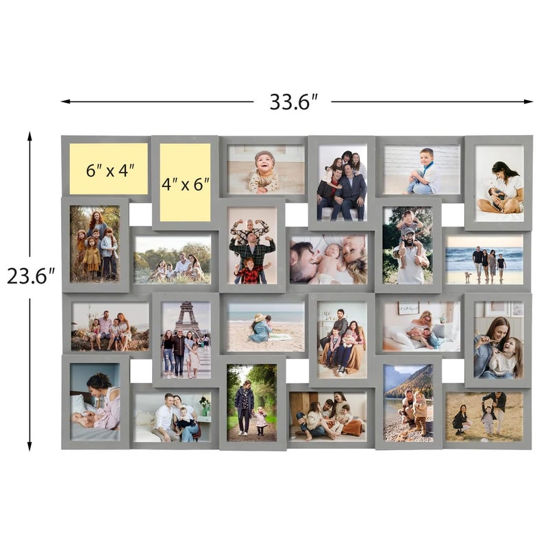 J.M.Deco Collage Picture Frames for Wall 24 Slots, Reunion Friends Family Memory Large Photo Frame Selfie Gallery Puzzle Collage Wall Hanging for 4x6 Photo | Grey - Image 3